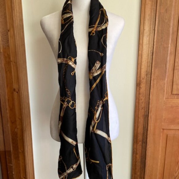 TALBOTS Vintage Silk Scarf Equestrian Print Oblong Black, Brown, Gold - Picture 9 of 14